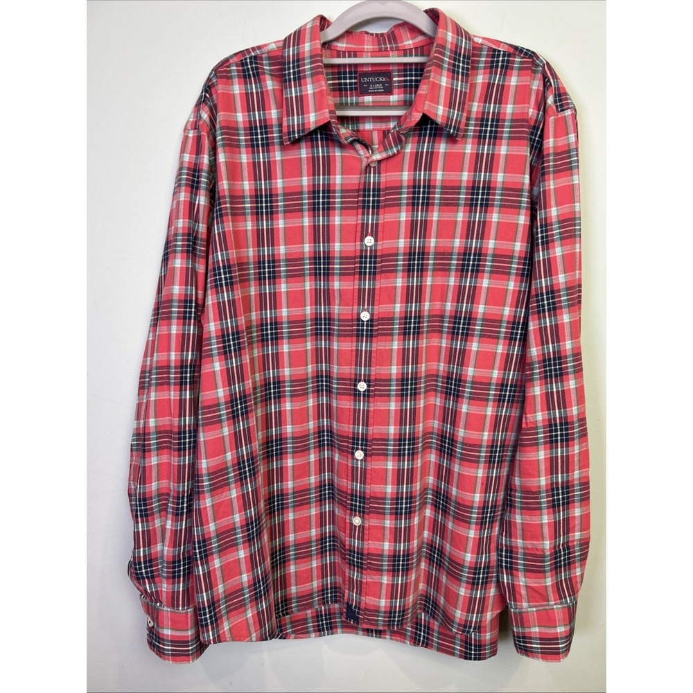 UNTUCKit Men's XL Regular Red Blue Plaid Long Sleeve Button-Up Shirt 100% Cotton